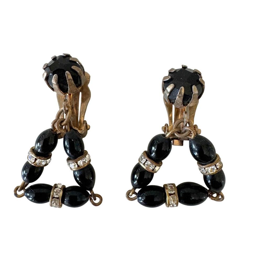 Vintage Black Bead Rhinestone Rondelle Triangle Dangling Statement Clip Earrings
